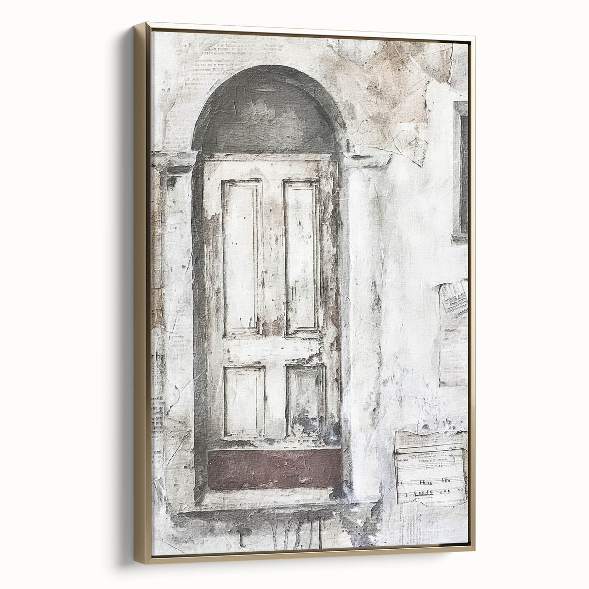 Rustic Italian door landscape on framed canvas in muted earth tones, ideal for bedroom wall decor.