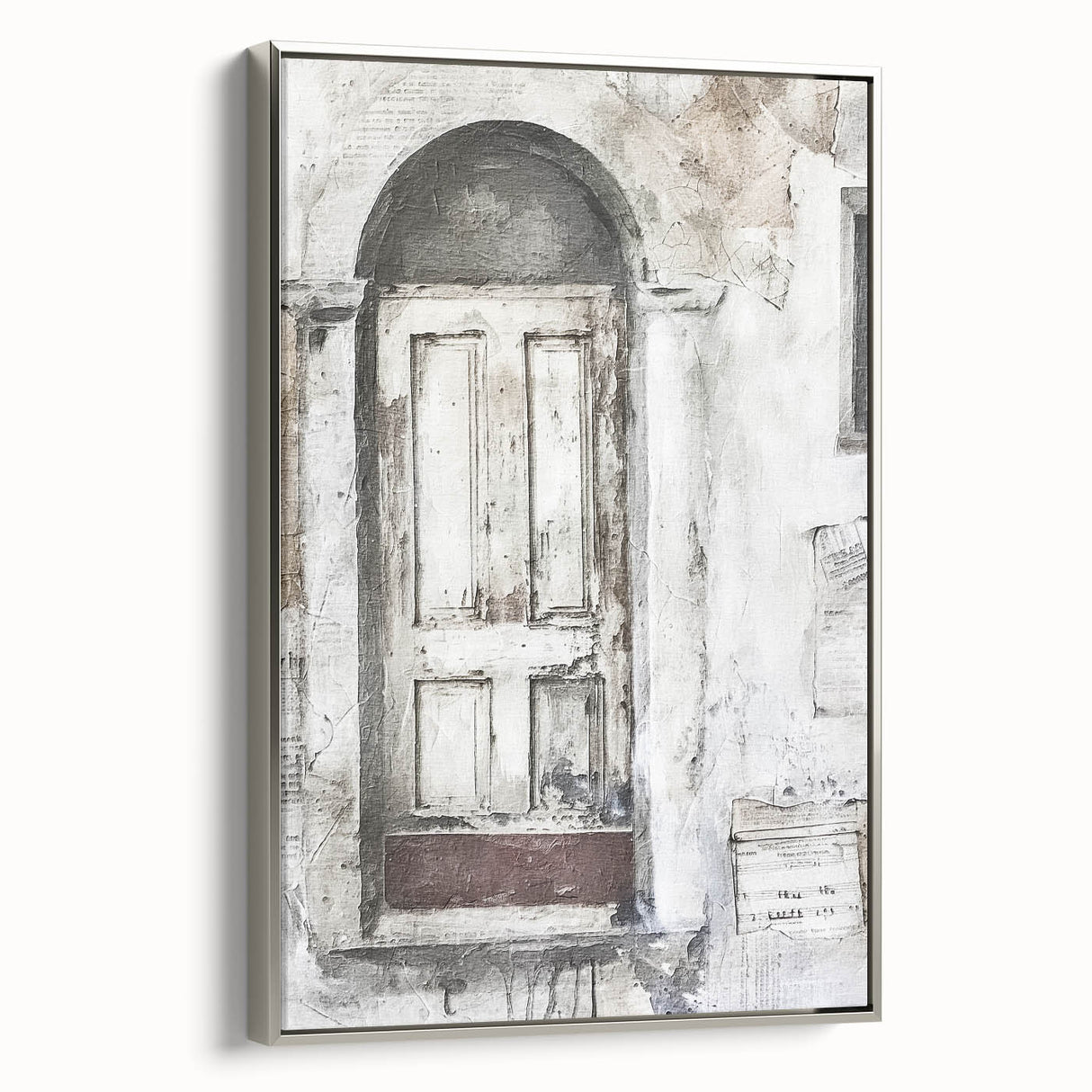 Framed canvas featuring a rustic Italian door in muted earth tones, ideal for adding a vintage touch to any living space.