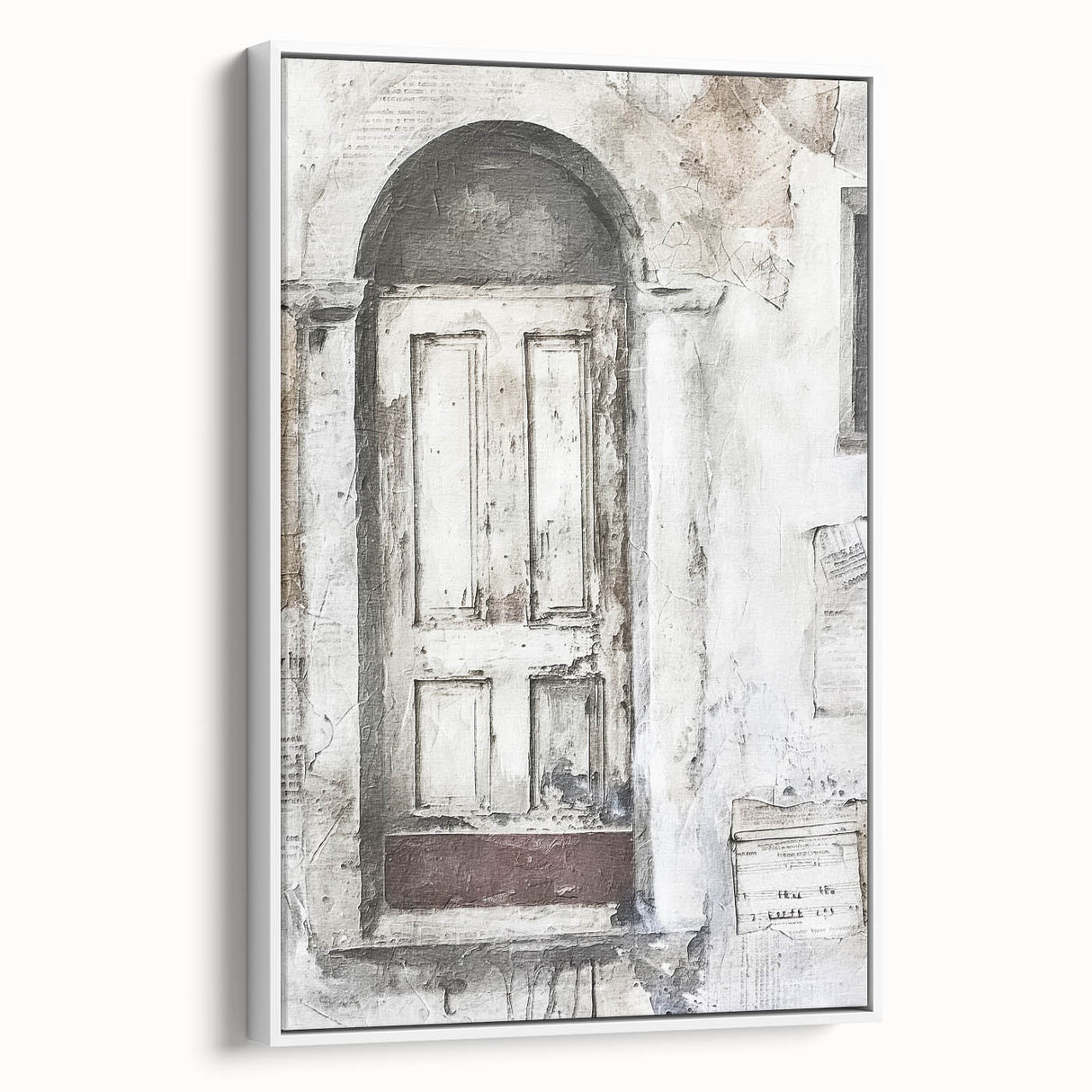 Framed canvas featuring a rustic Italian door in muted earth tones, ideal for living room decor.