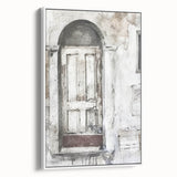 Framed canvas featuring a rustic Italian door in muted earth tones, ideal for living room decor.