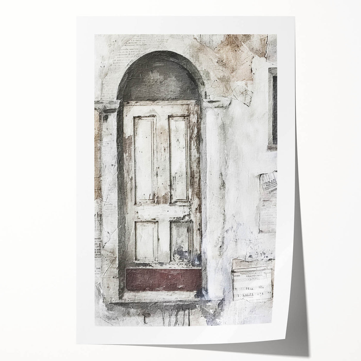 Rustic Italian door design on a rolled print, featuring earthy tones, ideal for art wall dining room.