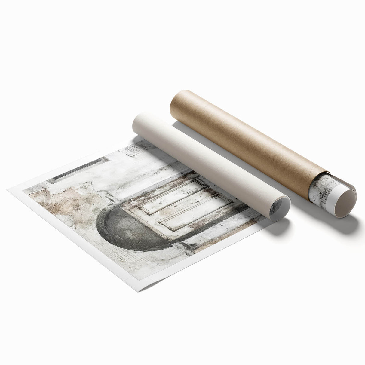 Rustic Italian door design on a rolled print, featuring muted earth tones, ideal for classy bathroom wall art.