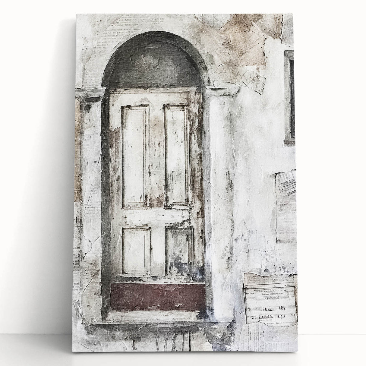 Black and white photo of a rustic Italian door on stretched canvas, suitable for kitchen or bedroom wall art.