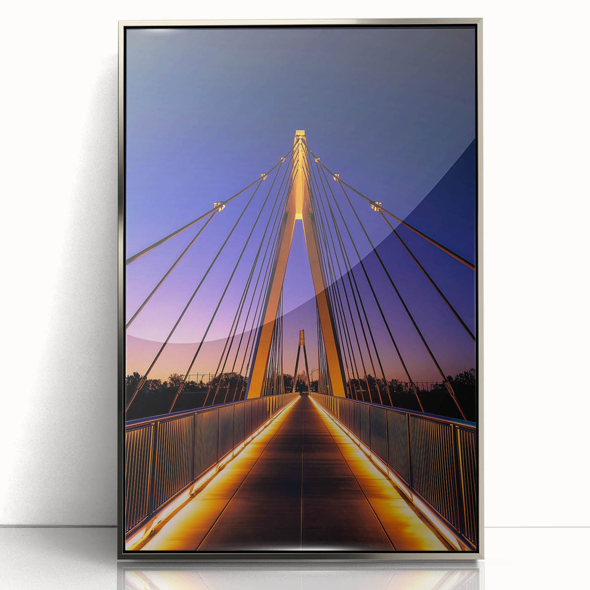 Mid-century modernist art deco poster featuring geometric shapes in silver and gray, acrylic print in a frame.