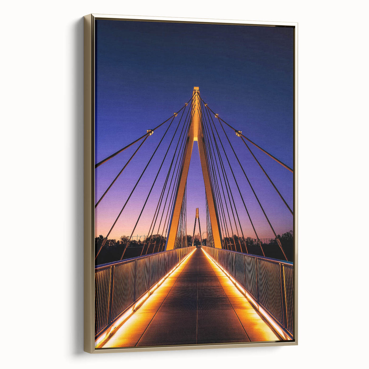 Vintage poster art of a landscape on a framed canvas, featuring muted gold and black tones, ideal for bedroom wall decor.