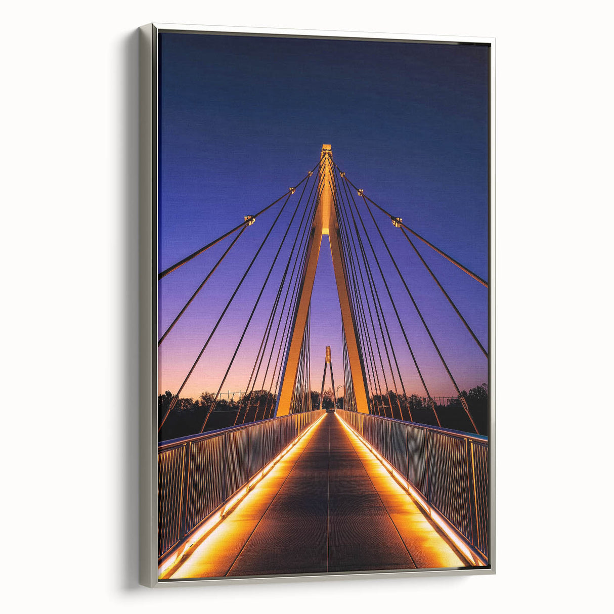 Landscape art painting featuring a silver-framed canvas with a vintage poster design in black and colorful accents.