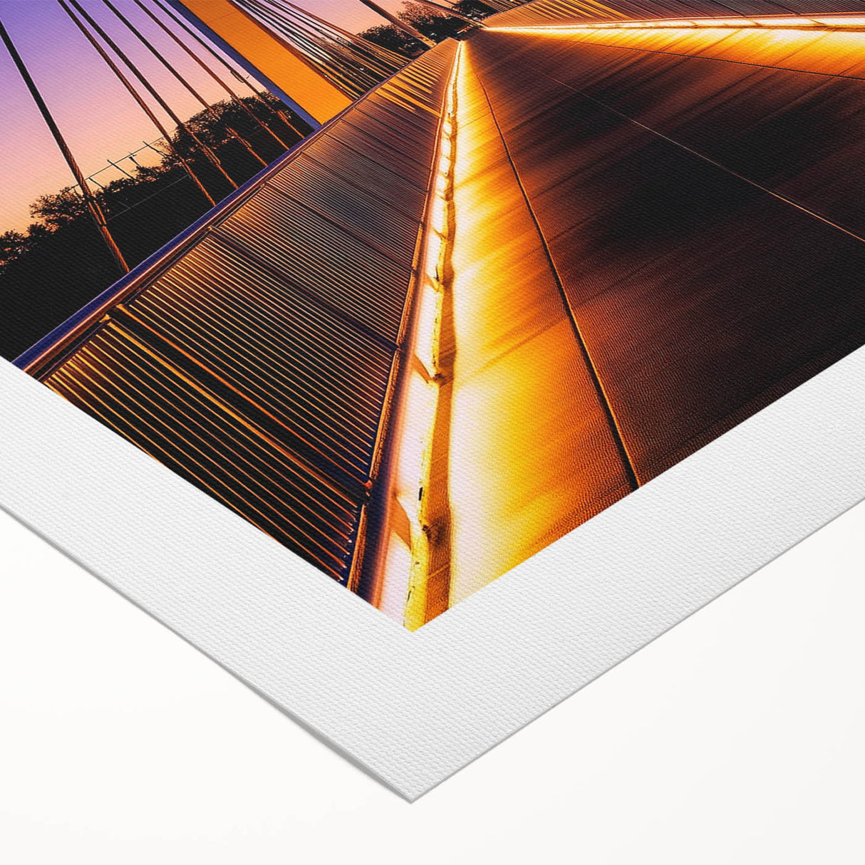 Art deco poster featuring a geometric skyline design in muted metallic colors on a rolled canvas.