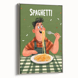 Side view of a framed canvas featuring vintage poster art of colorful landscape paintings on a black background.