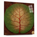 Acrylic wall art featuring a vibrant floral and botanical design with intricate leaves, showcased in a side view to highlight its sleek edges and transparent finish. Perfect for modern home decor.