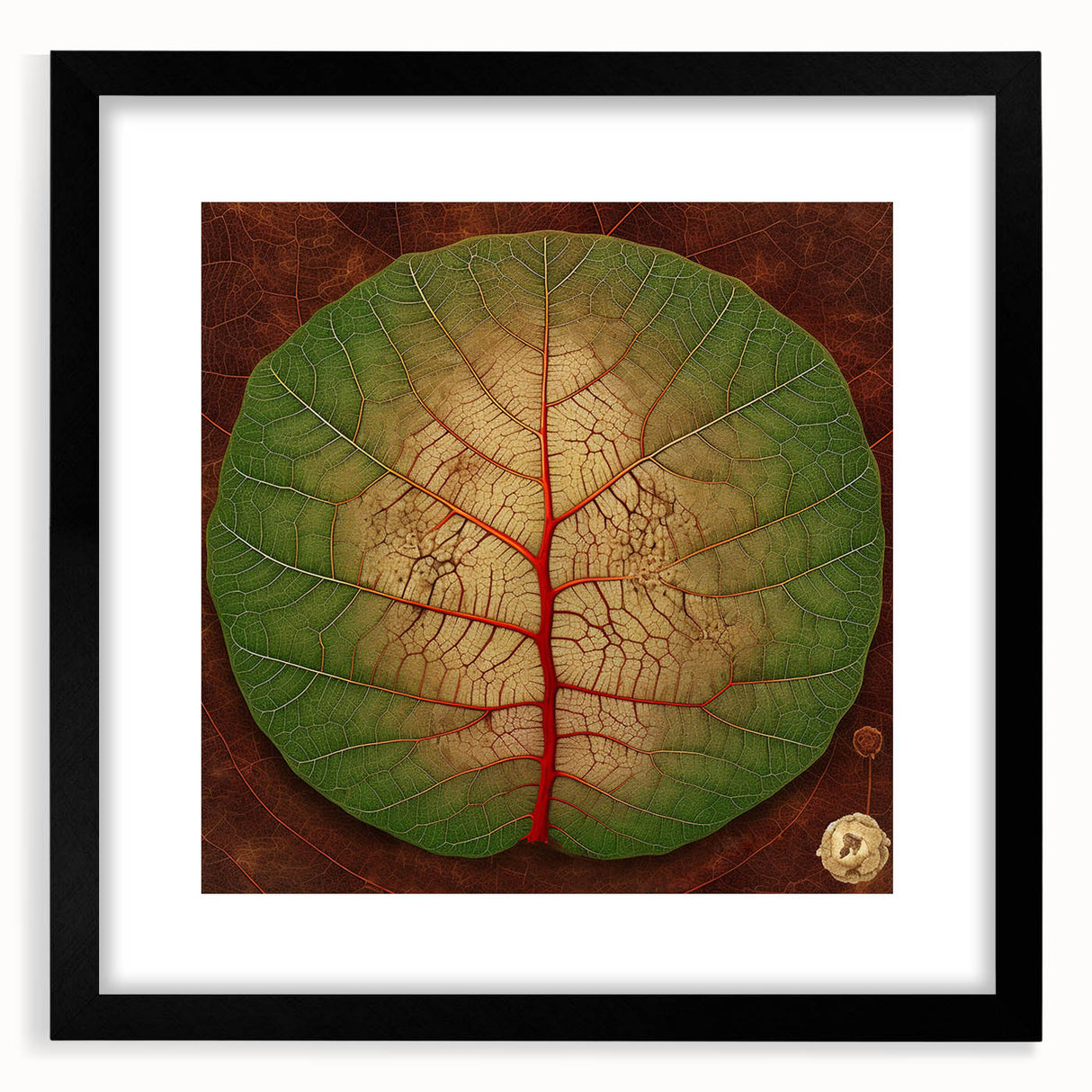 Stylish wall art frame showcasing a vibrant floral design with botanical leaves, set in a sleek black mat, perfect for enhancing home decor aesthetics.