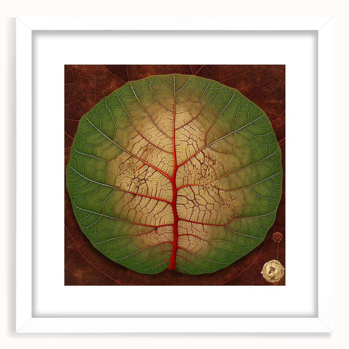 Framed wall art displaying a botanical design with vibrant flowers and green leaves, set against a white mat. Ideal for modern home decor or office spaces.