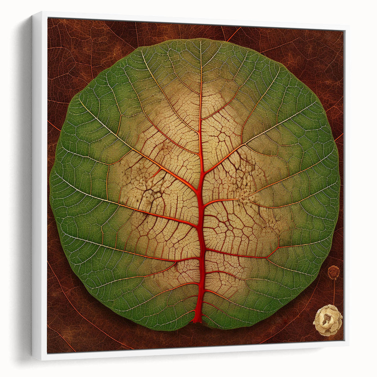 Framed wall art featuring a botanical design with vibrant flowers and leaves on a white background, showcasing a side view of the stylish canvas piece. Ideal for home decor.