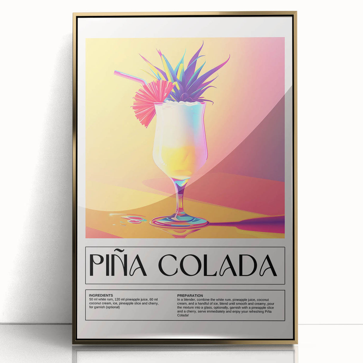 Mid-century modernist art featuring a stylized cocktail, rendered in gold and black tones on a framed acrylic panel.