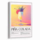 Vintage poster art of assorted cocktails in vibrant colors on a large framed canvas, ideal for living room decor.