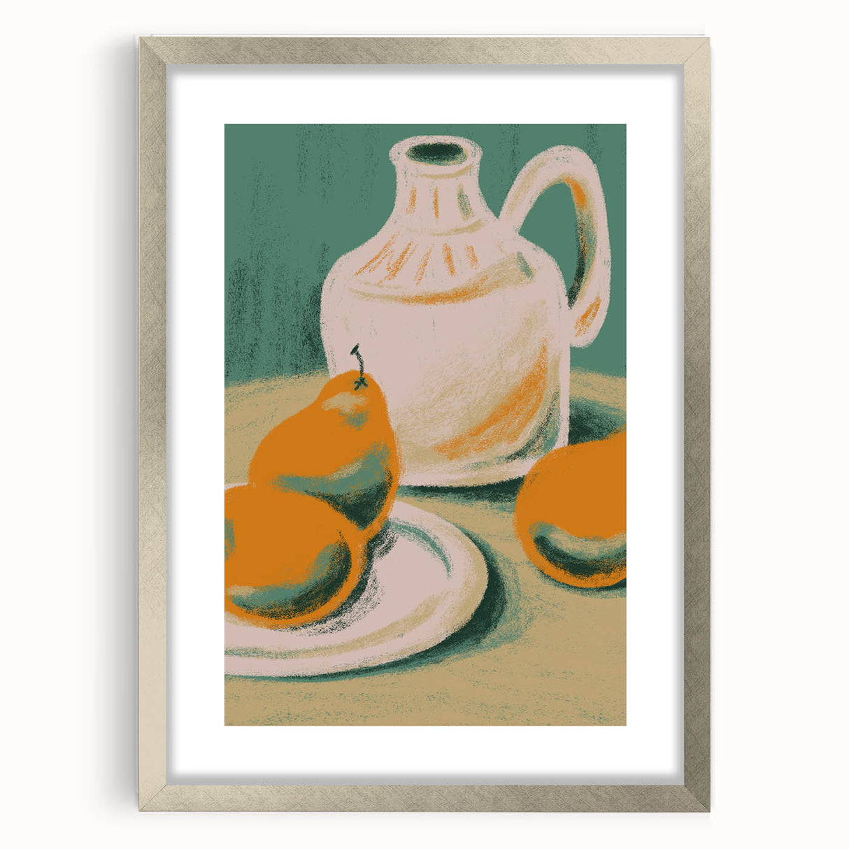 Textured abstract art print featuring assorted fruits in vibrant colors, framed with a silver mat.
