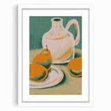 Abstract art print featuring assorted fruits in vibrant colors, framed with a white mat, suitable for dining room decor.