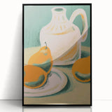 Large abstract wall art featuring assorted fruits in bright colors on a black acrylic framed print.