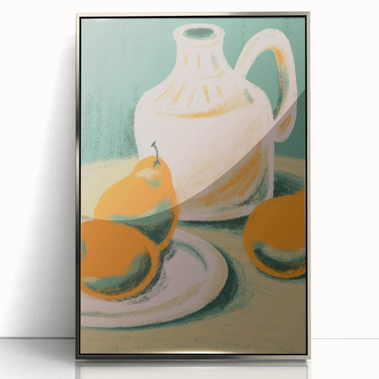 Mid-century modernist art featuring an array of colorful fruits on a silver framed acrylic, ideal for modern kitchen decor.