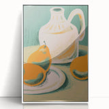 Acrylic framed poster featuring a colorful array of fruits in art deco style, ideal for modern kitchen decor.