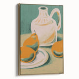 Framed canvas wall art featuring an assortment of fruits in a vintage poster style with a black background.