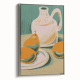 Landscape art painting of colorful fruits on a black background, framed canvas, ideal for kitchen wall decor.