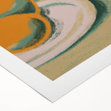 Art Deco poster featuring assorted fruits in vibrant colors on rolled canvas, suitable for dining room decor.