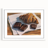 Abstract art print of assorted pastries in soft pastel shades, framed with a white mat, ideal for dining room decor.