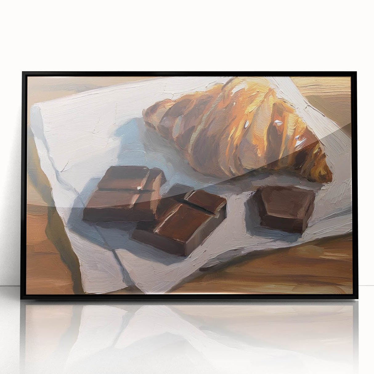 Large abstract wall art featuring assorted pastries in muted tones, framed in black acrylic, suitable for a modern kitchen.