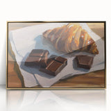 Mid-century modernist large art print of assorted pastries in muted gold tones, framed in acrylic.