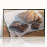 Mid-century modernist art depicting assorted pastries in muted colors, framed in silver acrylic.