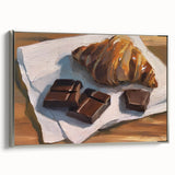 Framed canvas depicting a vintage poster of colorful pastries, ideal for kitchen or dining room decor.