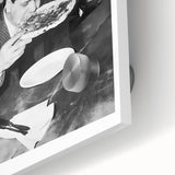 Large abstract dining room art on acrylic glass featuring a mid-century modernist design in neutral and earth tones.