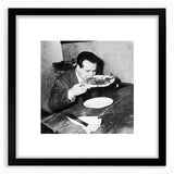 Extra large abstract art print featuring a colorful, textured depiction of people and food on a black framed canvas.