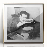 Large art print of a mid-century modernist style food and people scene, framed in gold acrylic, ideal for nursery wall decor.