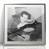 Mid-century modernist art depicting people dining, in muted earth tones, acrylic print framed in silver.