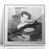 Art deco style poster of a minimalist food and people scene in monochrome tones, framed in white acrylic.