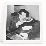 Black and white stretched canvas featuring a minimalist design of people dining, ideal for kitchen wall art.