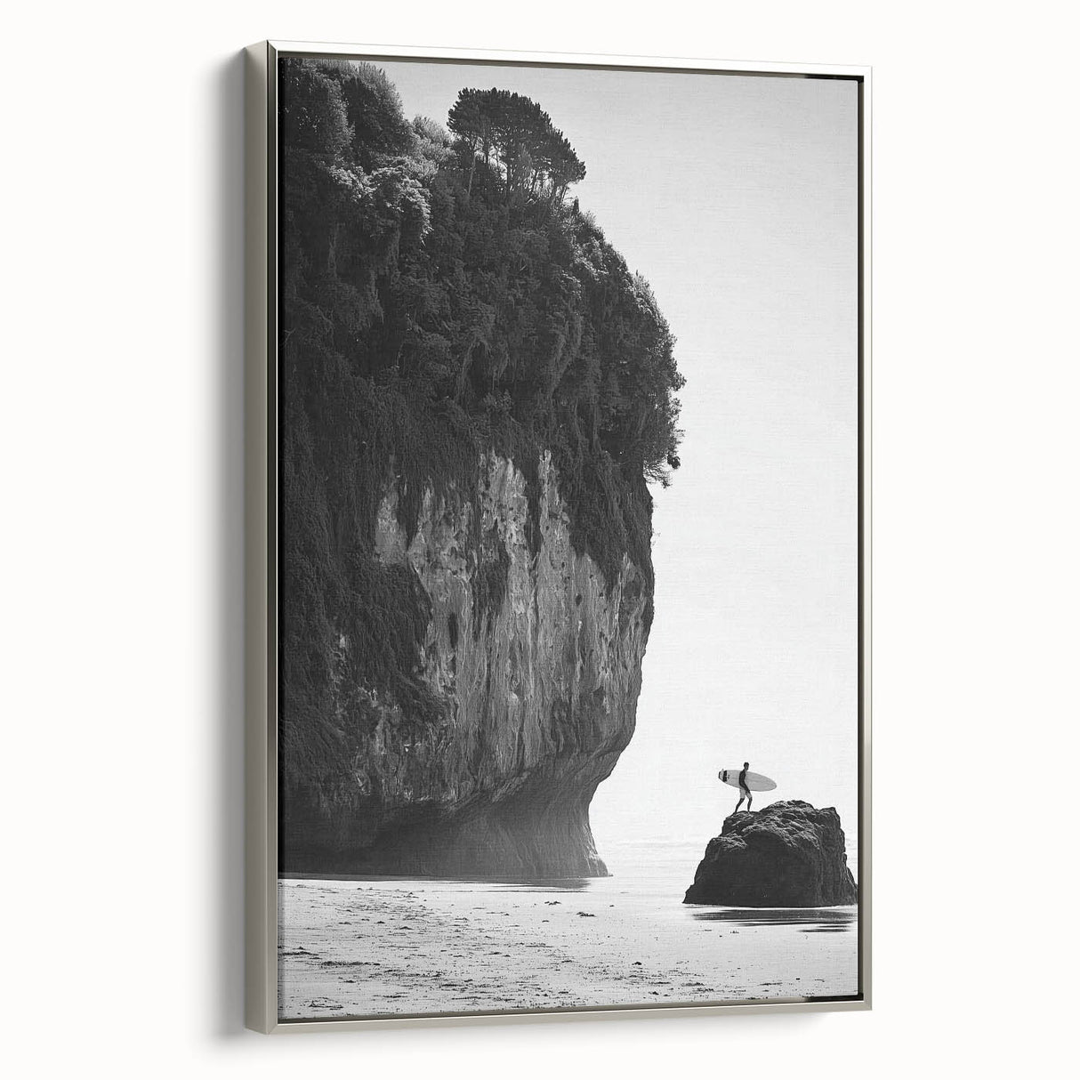 Framed landscape canvas artwork showcasing a serene silver-toned design, elegantly presented with a sleek side view, ideal for modern home decor. The piece adds a touch of sophistication to any room, enhancing artistic ambiance and style.