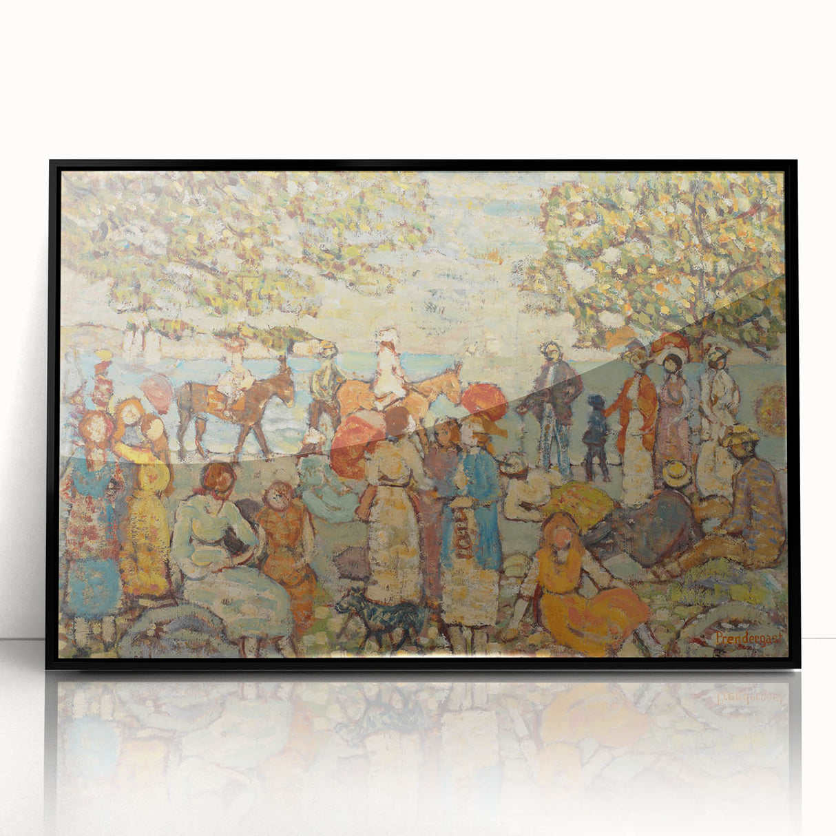 Modern Beach Scene Art Print – Contemporary Crowd & Donkeys