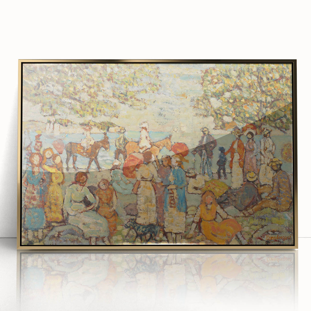 Modern Beach Scene Art Print – Contemporary Crowd & Donkeys