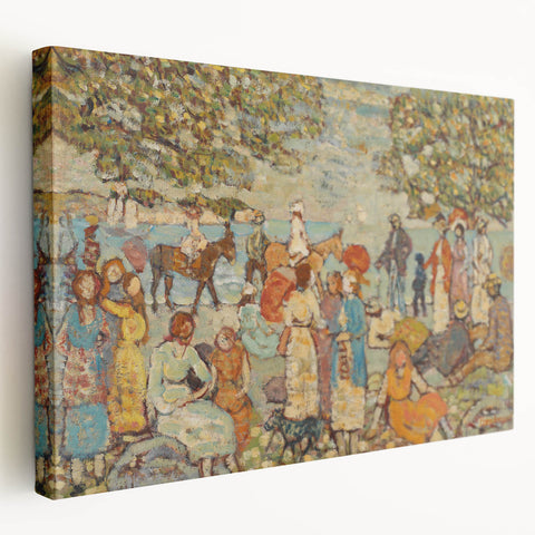 Modern Beach Scene Art Print – Contemporary Crowd & Donkeys