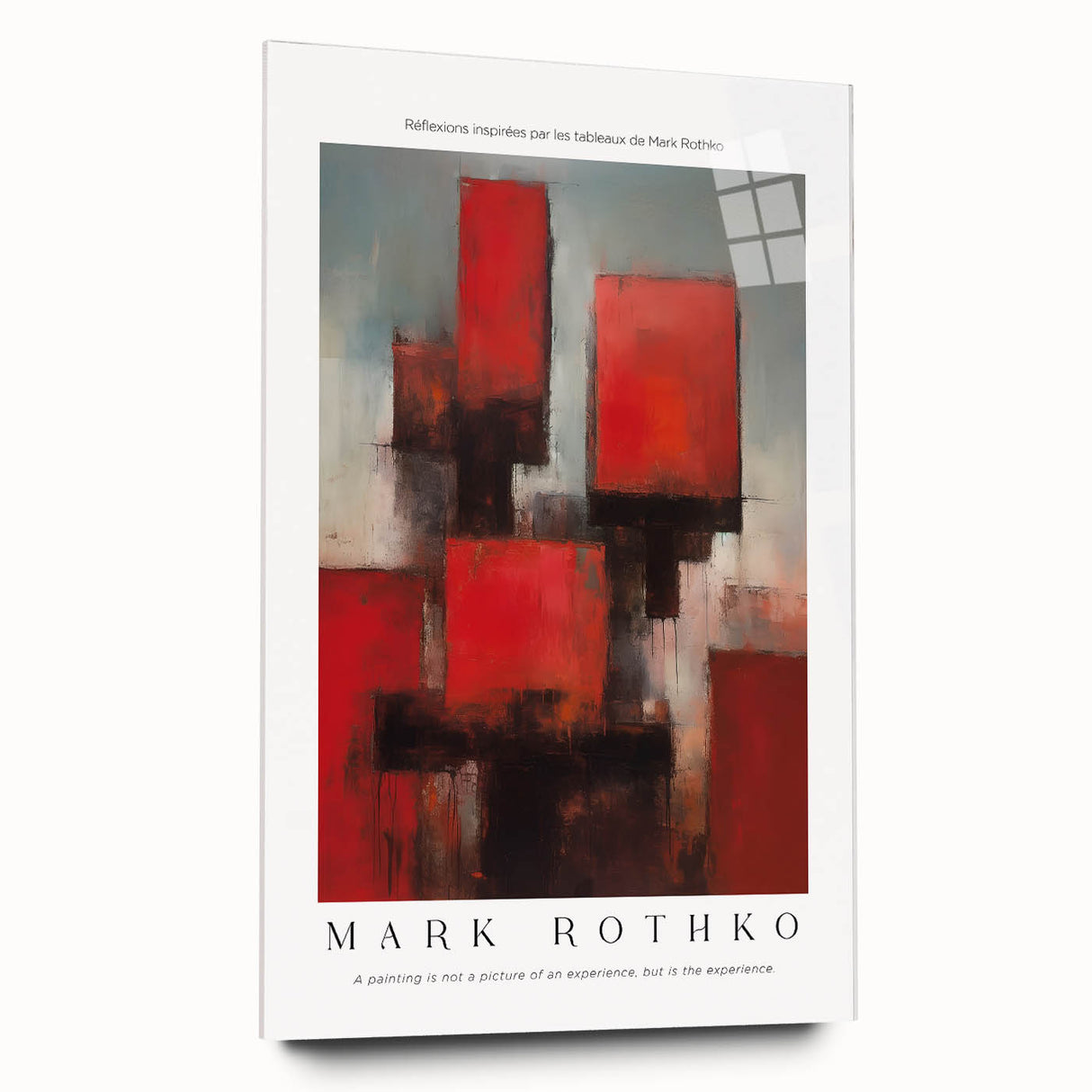 Large abstract wall art in bold red and blue hues on acrylic glass, ideal for modern bedroom or dining room decor.