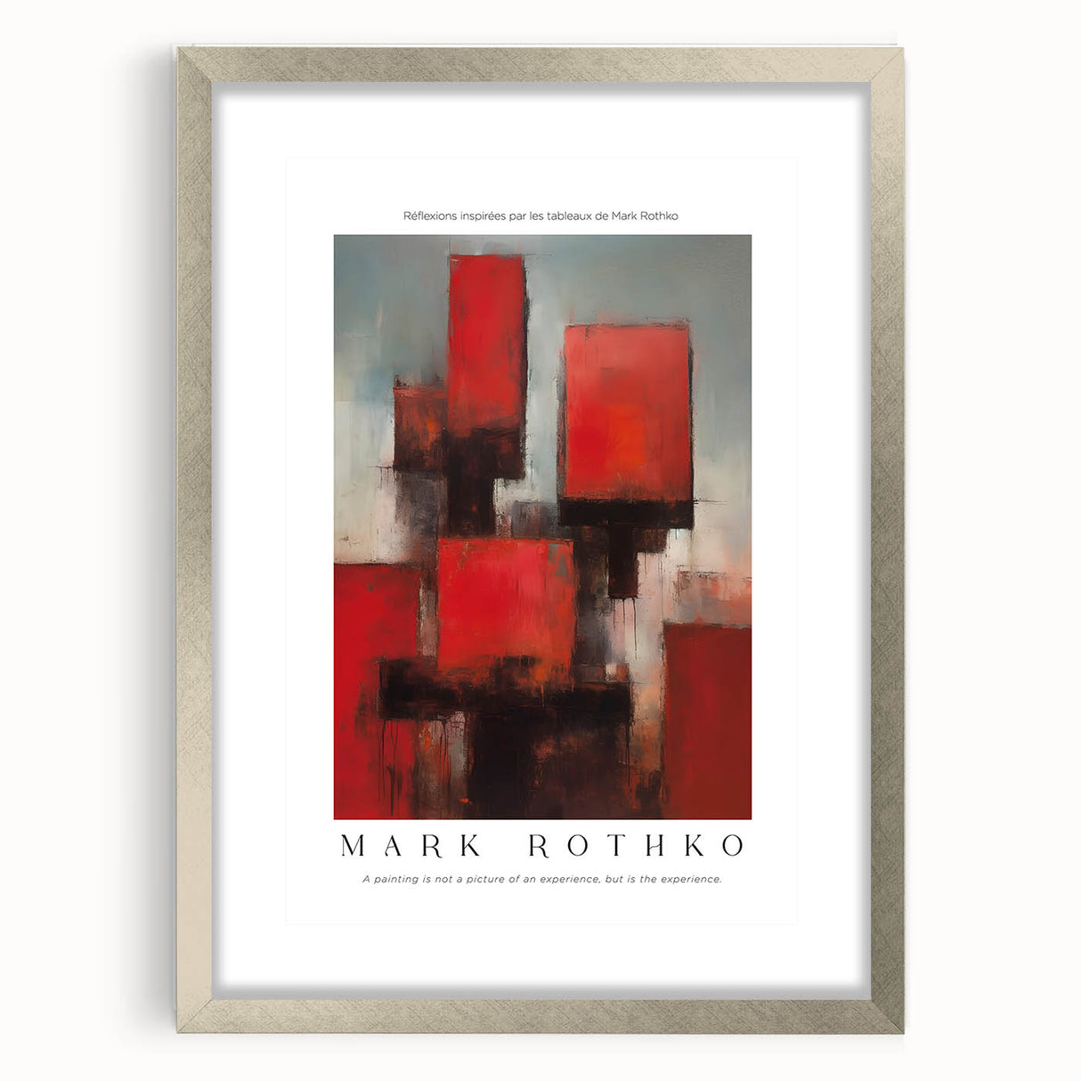 Textured abstract art print in red and orange hues, framed in silver, suitable for bedroom art.