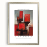 Textured abstract art print in red and orange hues, framed in silver, suitable for bedroom art.