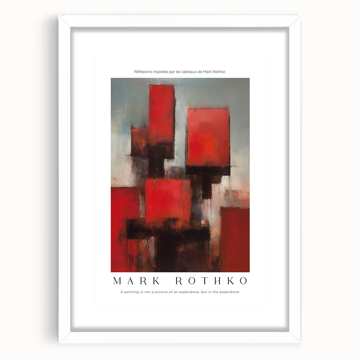 Abstract art print in Rothko style with bold red and orange blocks on a framed canvas, suitable for dining room decor.
