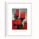 Abstract art print in Rothko style with bold red and orange blocks on a framed canvas, suitable for dining room decor.