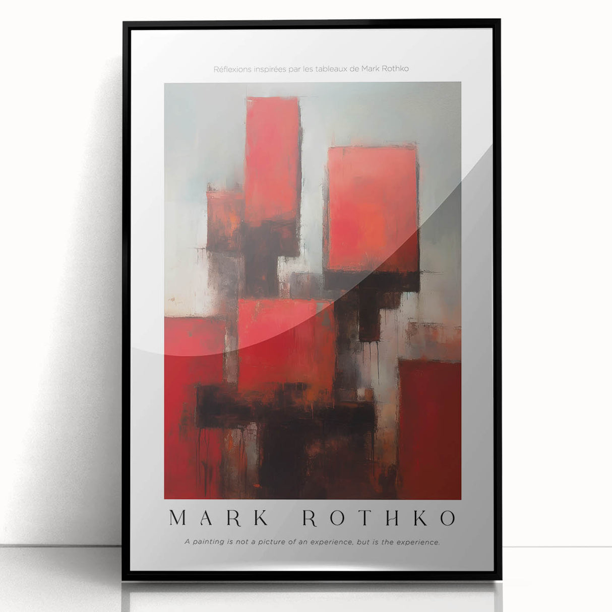 Large abstract wall art by Mark Rothko, featuring a blend of deep red and black hues on acrylic, framed in black.