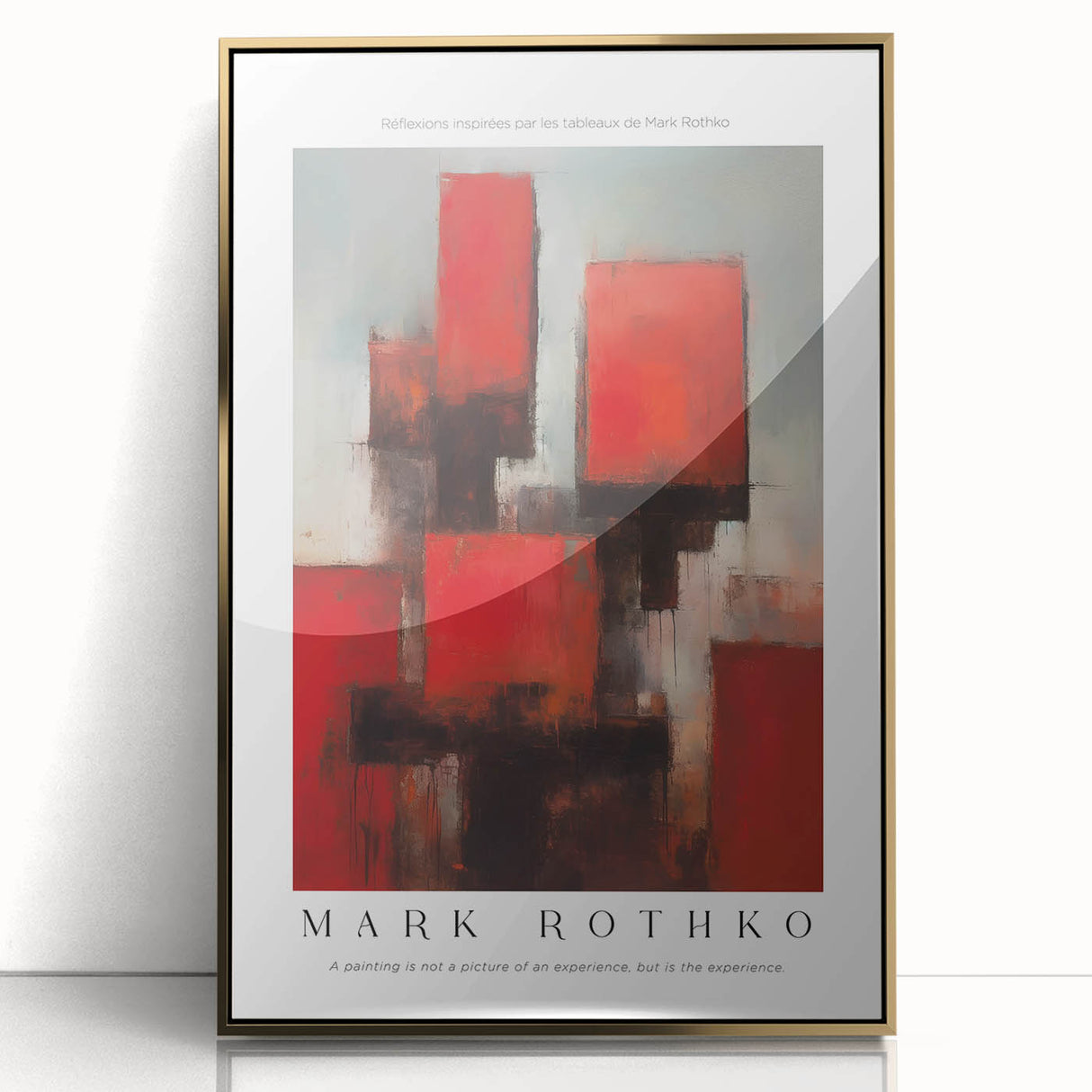 Large art print depicting a mid-century modernist style by Mark Rothko in muted oranges and yellows, framed in gold acrylic.