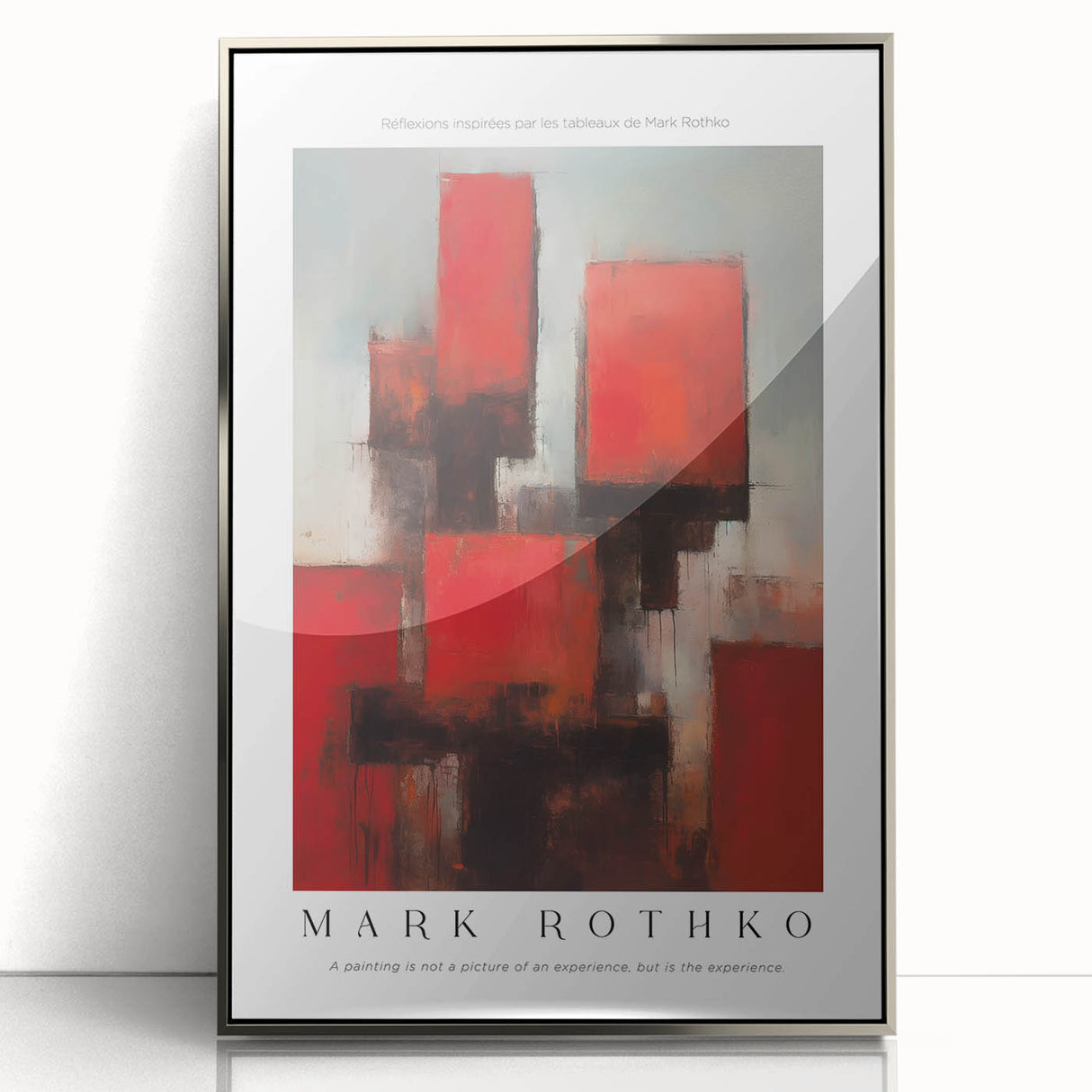 Mid-century modernist art depicting abstract blocks in shades of blue and orange on a silver-framed acrylic print.