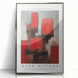 Mid-century modernist art depicting abstract blocks in shades of blue and orange on a silver-framed acrylic print.